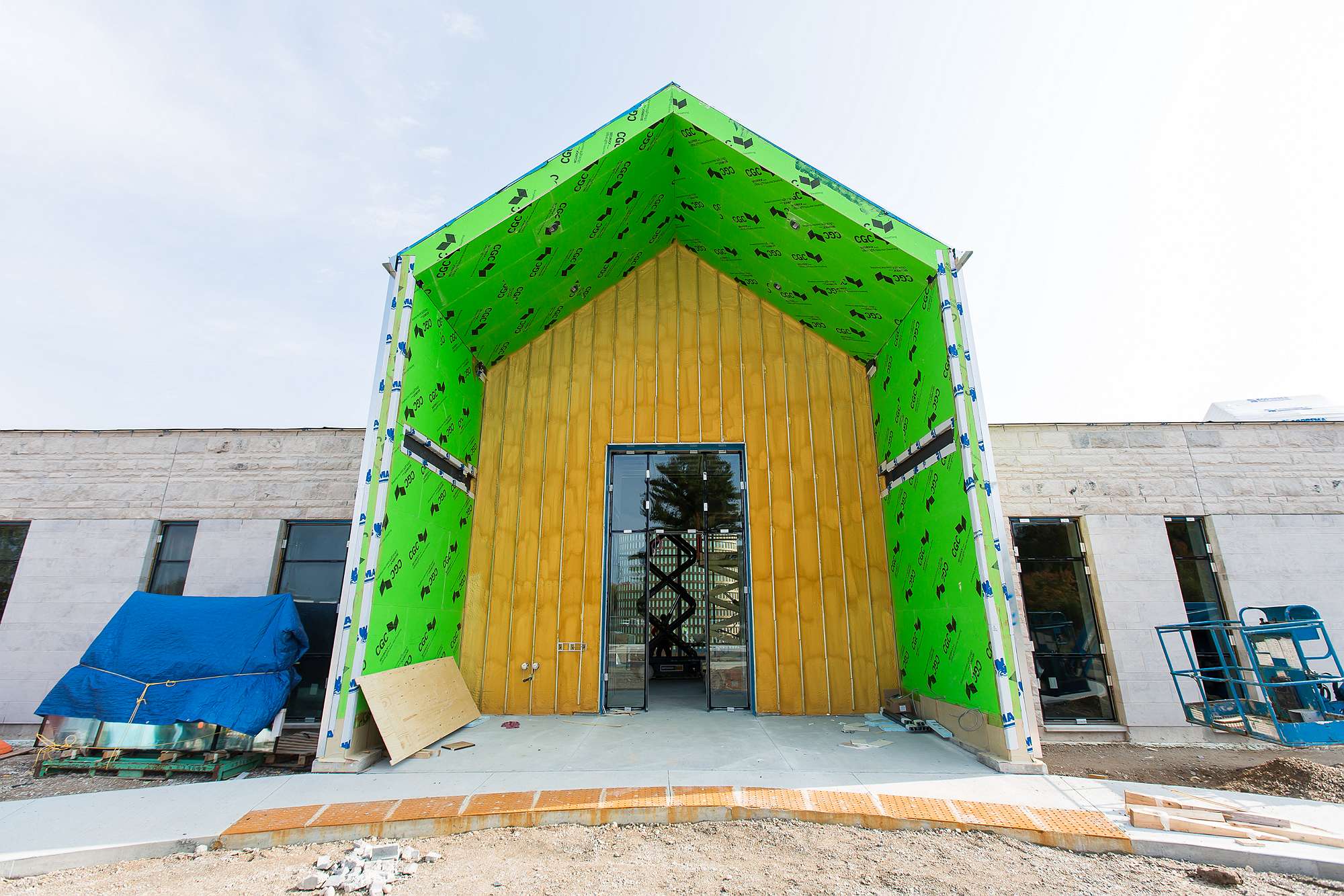 Construction photo of the entrance of the building