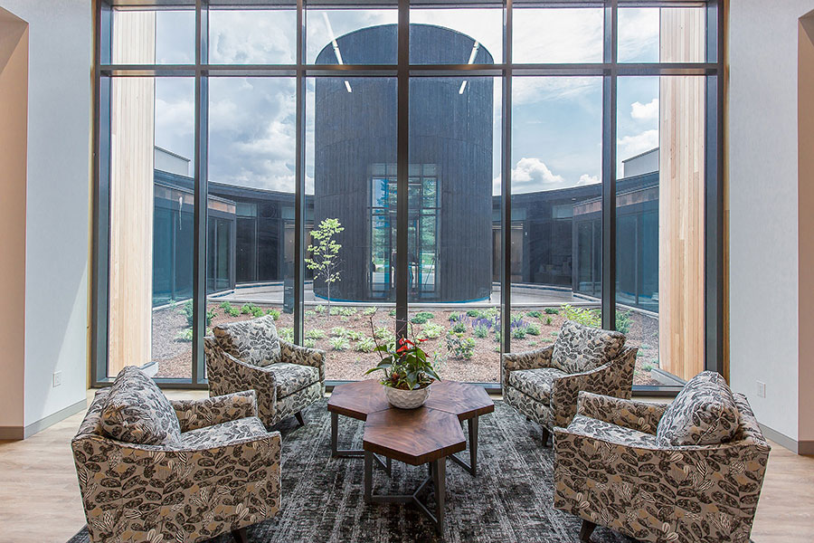 Seating area looking out at a courtyard