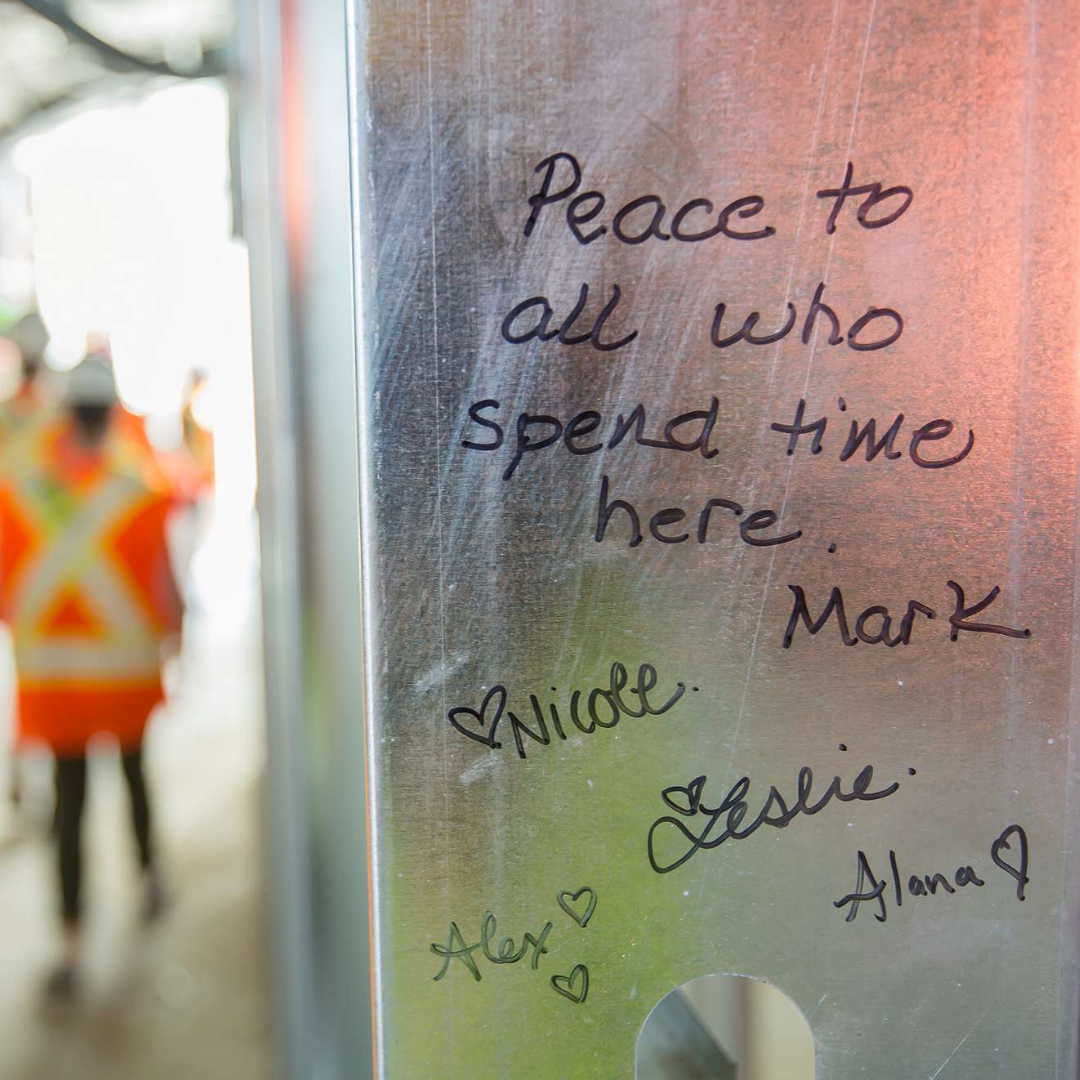 Peace to all who spend time here - written on beam in The Gies Family Centre