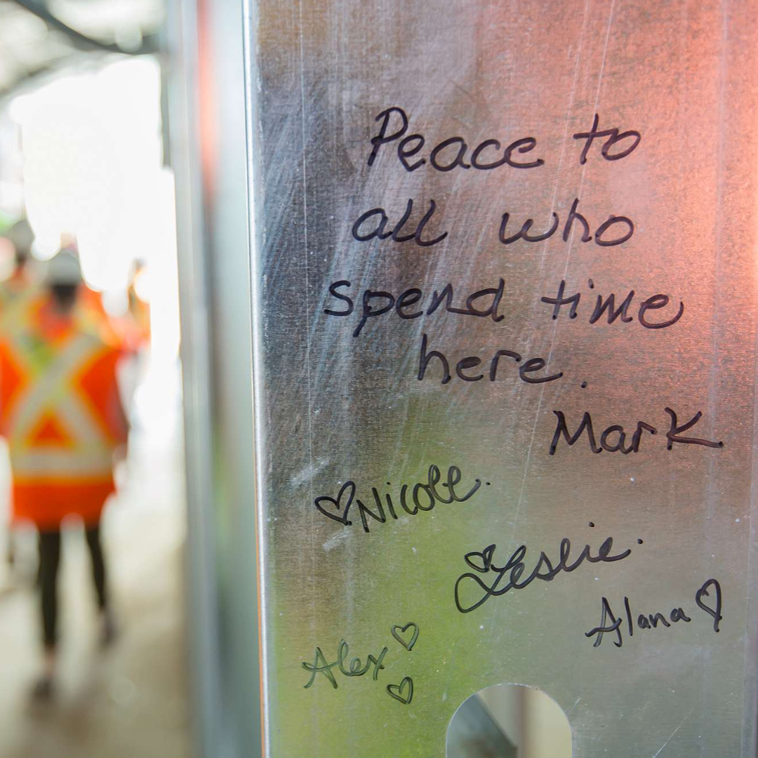 5 Peace to all who spend time here - written on beam in The Gies Family Centre