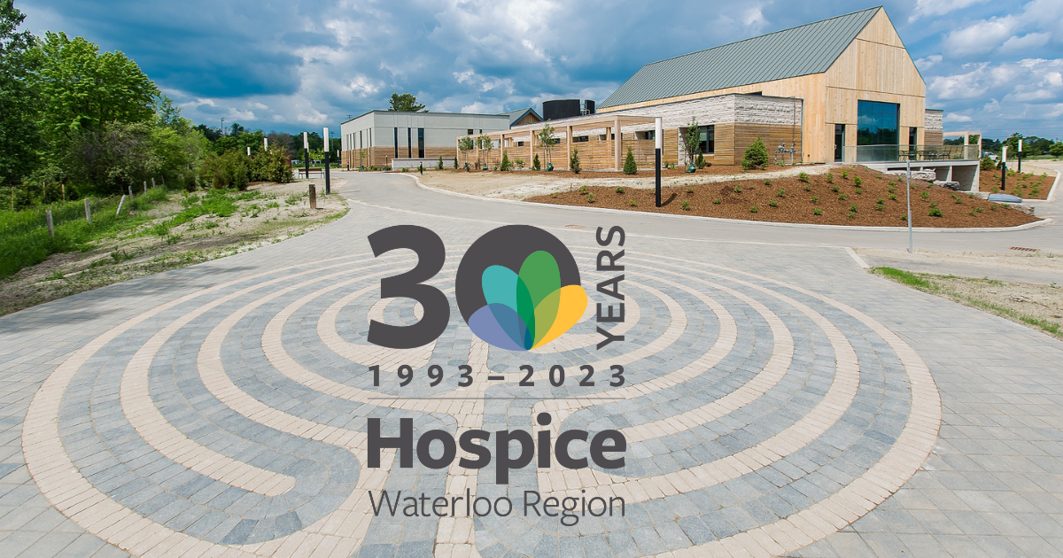 Photo of The Gies Family Centre, and the 30-year logo for Hospice Waterloo Region.