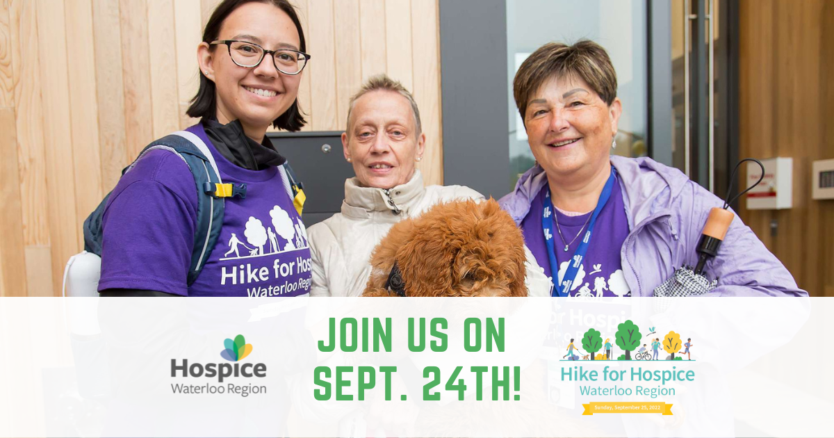 Hike for Hospice graphic featuring three women and a dog.