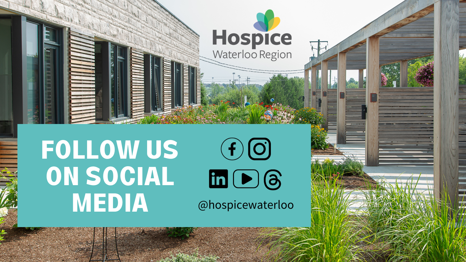 A graphic featuring the patio view of The Gies Family Centre with text overlay that says "follow us on social media"