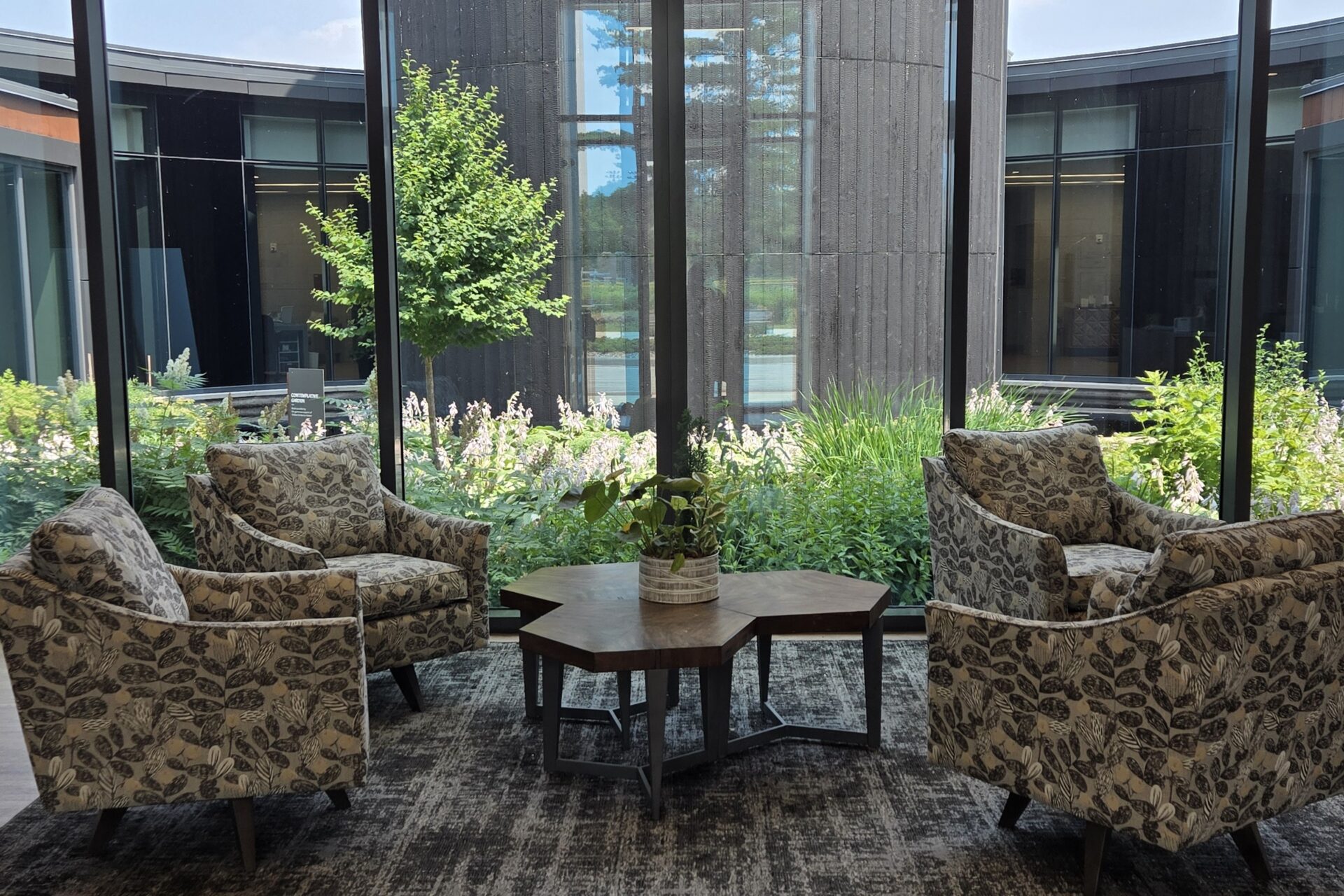 Seating area looking out at a courtyard